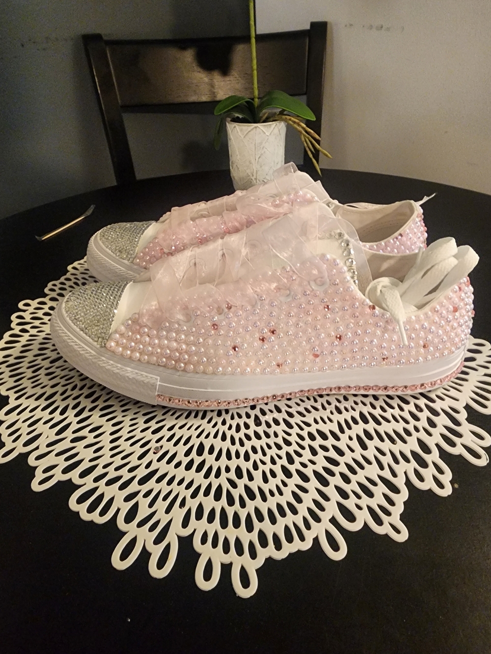 New Converse Customized Pink Pearl & Rhinestone Sneakers